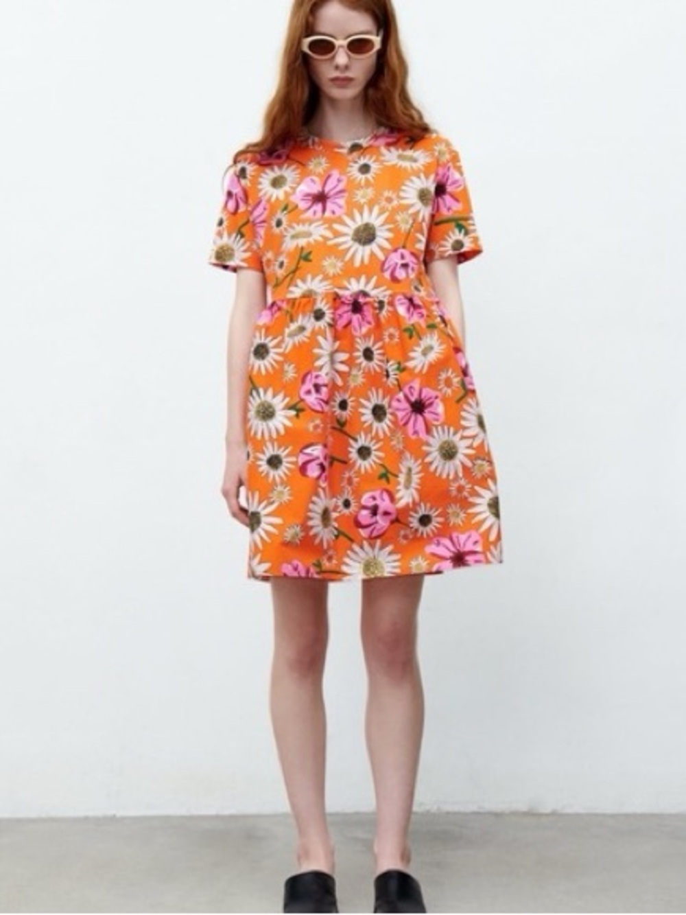 Zara Orange Floral Babydoll Mini Dress Size Medium